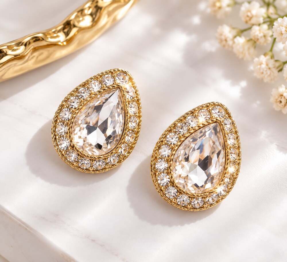 Vintage Crystal Teardrop Clip On Earrings Gold Rhinestone Old Hollywood Glam